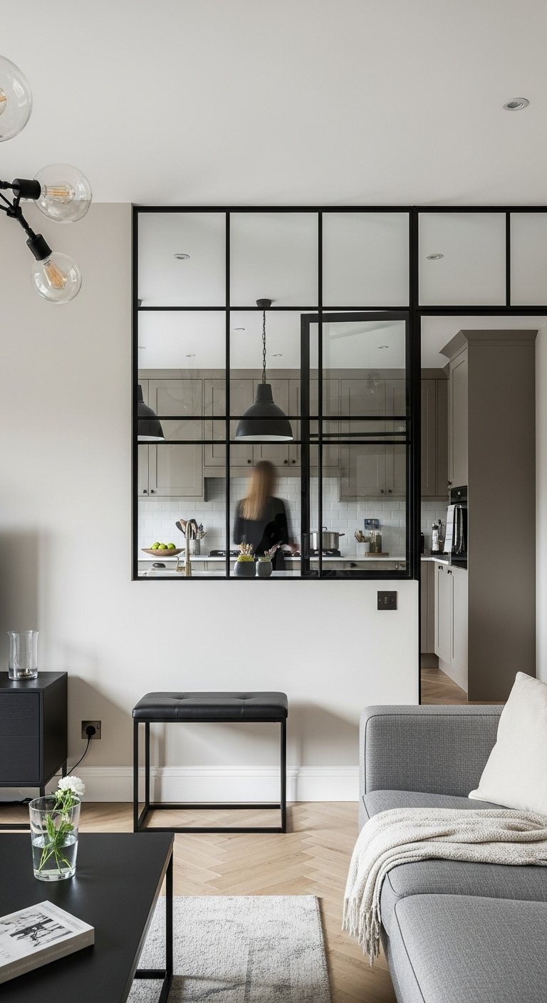 architectural divide half-wall glass partition industrial chic kitchen living room black metal clear glass