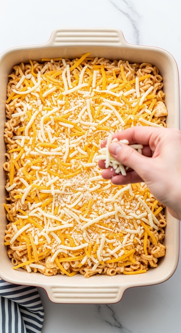 assembling-chicken-tetrazzini-with-cheese-topping