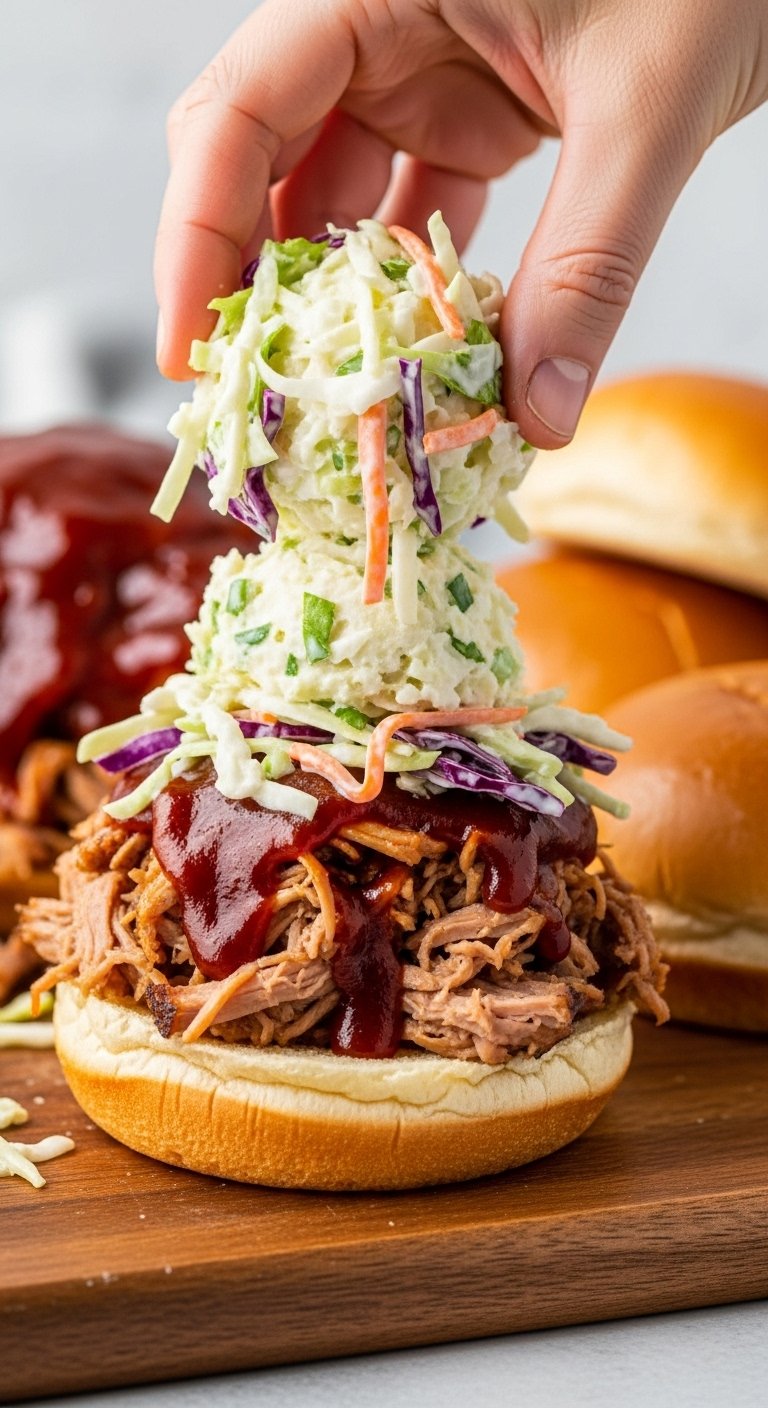 assembling pulled pork sandwich with bbq sauce and coleslaw on brioche bun crockpot dump and go dinner