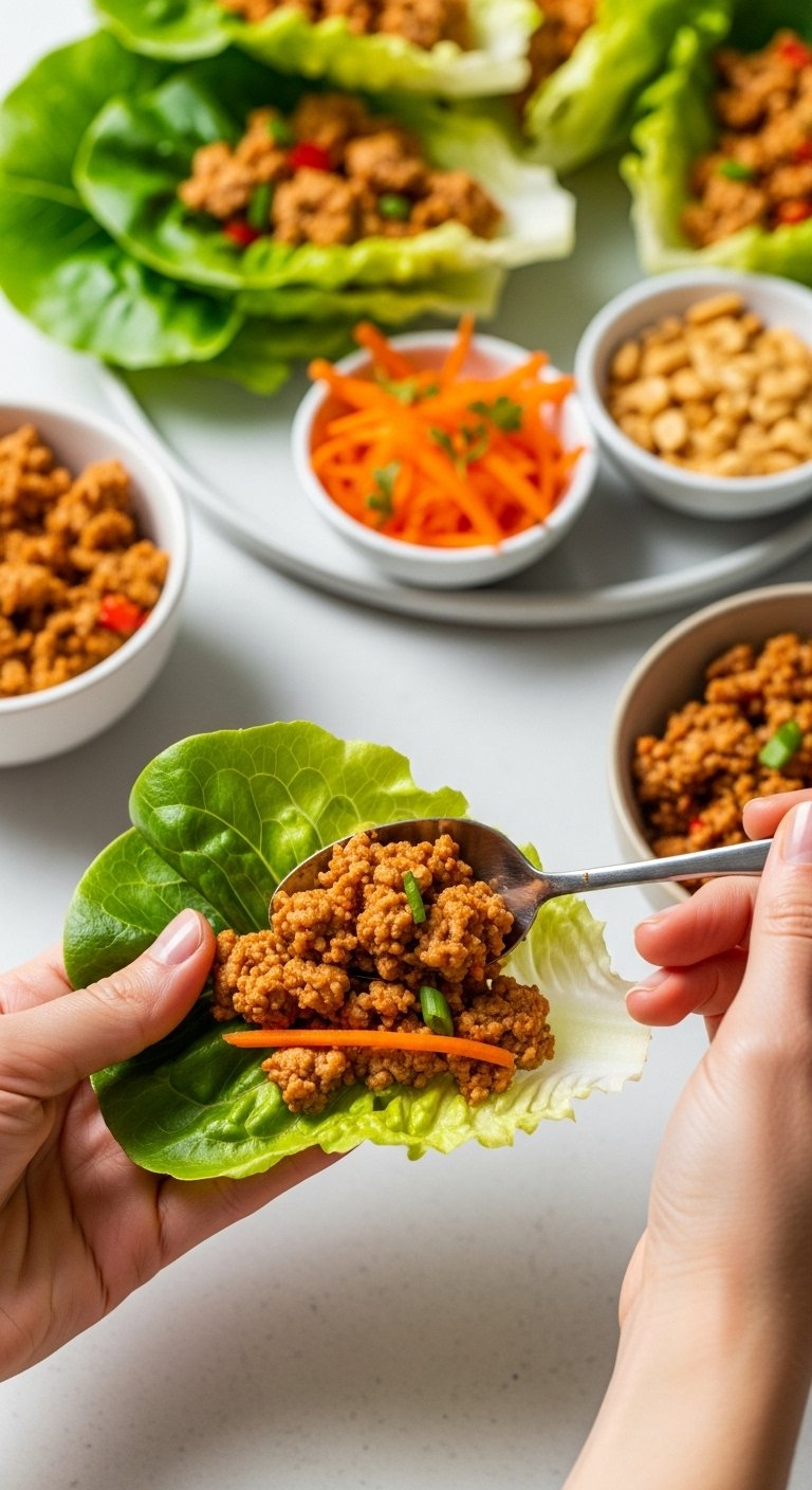 assembling-turkey-lettuce-wrap-with-shredded-carrots-peanuts-garnish