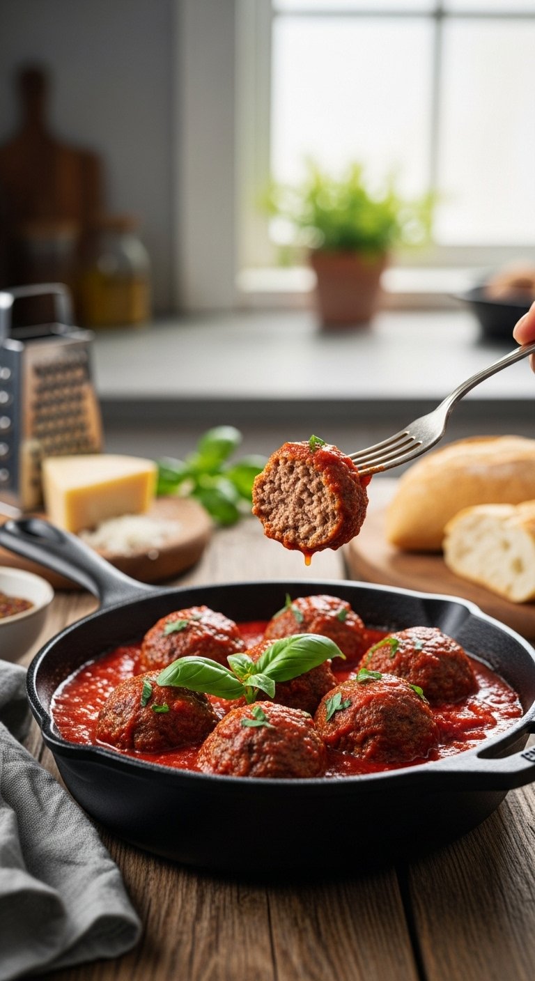 baked italian meatballs in marinara sauce with parmesan cheese basil and crusty bread on rustic wood table