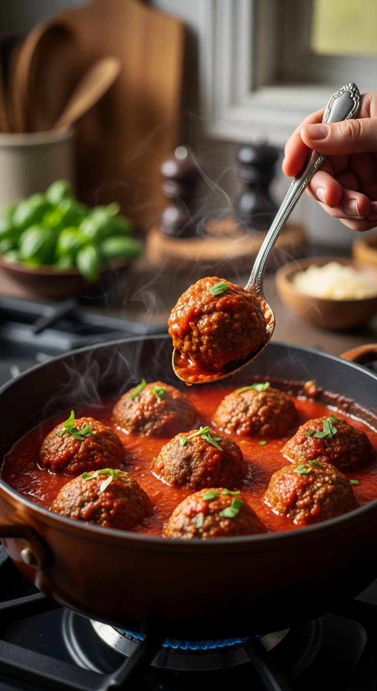 baked italian meatballs in marinara sauce with spoon lifting meatball basil and parmesan