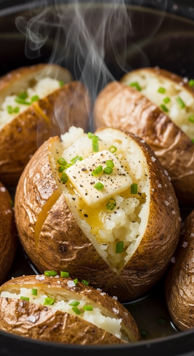 baked potato with melting butter salt pepper and chives in crockpot for easy dump and go crockpot dinner
