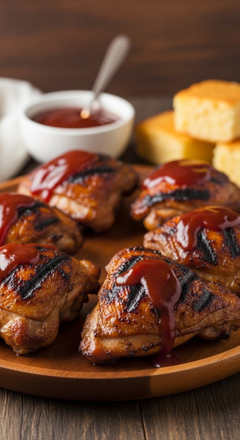 bbq chicken thighs with caramelized sauce served on wooden platter with cornbread for easy crockpot dump and go dinner