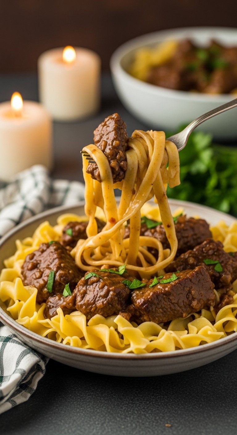beef and gravy egg noodles crock pot dinner cozy rustic parsley fork