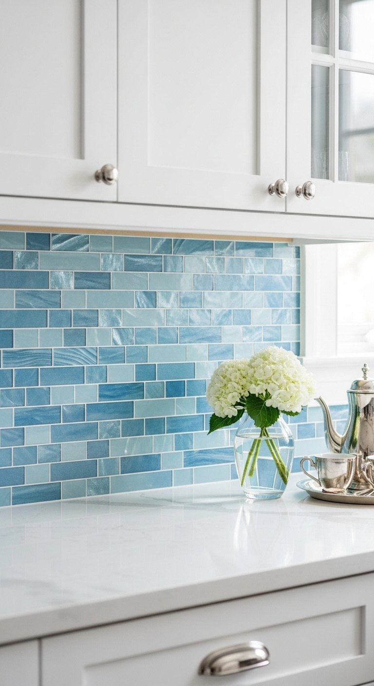 blue mosaic backsplash varying shades sky blue azure glossy quartz countertop white hydrangeas silver tea set high resolution 8K