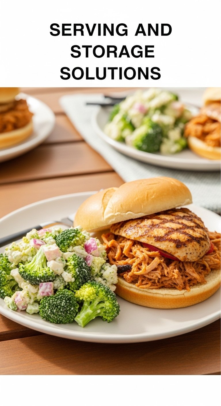 broccoli salad served with grilled chicken or pulled pork sandwich on outdoor picnic table