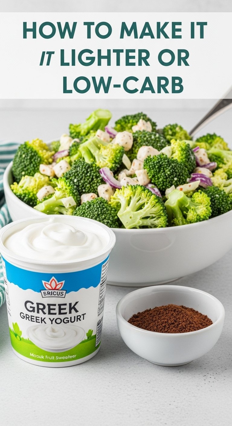 broccoli salad with greek yogurt and monk fruit sweetener for lighter low carb variations