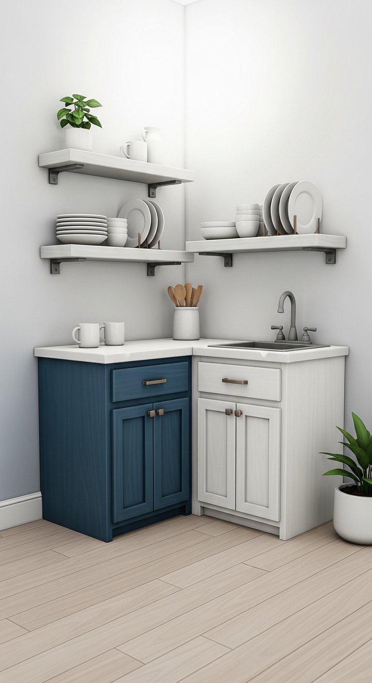 budget-friendly no gamepass starter kitchen bloxburg blue white cabinets floating shelves potted plant light wood floor high resolution 8K cheerful design