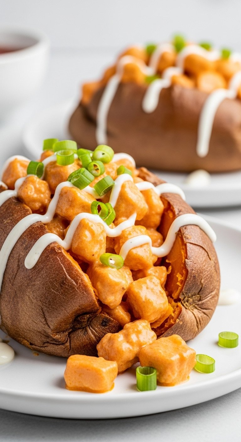 buffalo chicken stuffed sweet potato with ranch drizzle and green onions for easy crockpot dump and go dinner