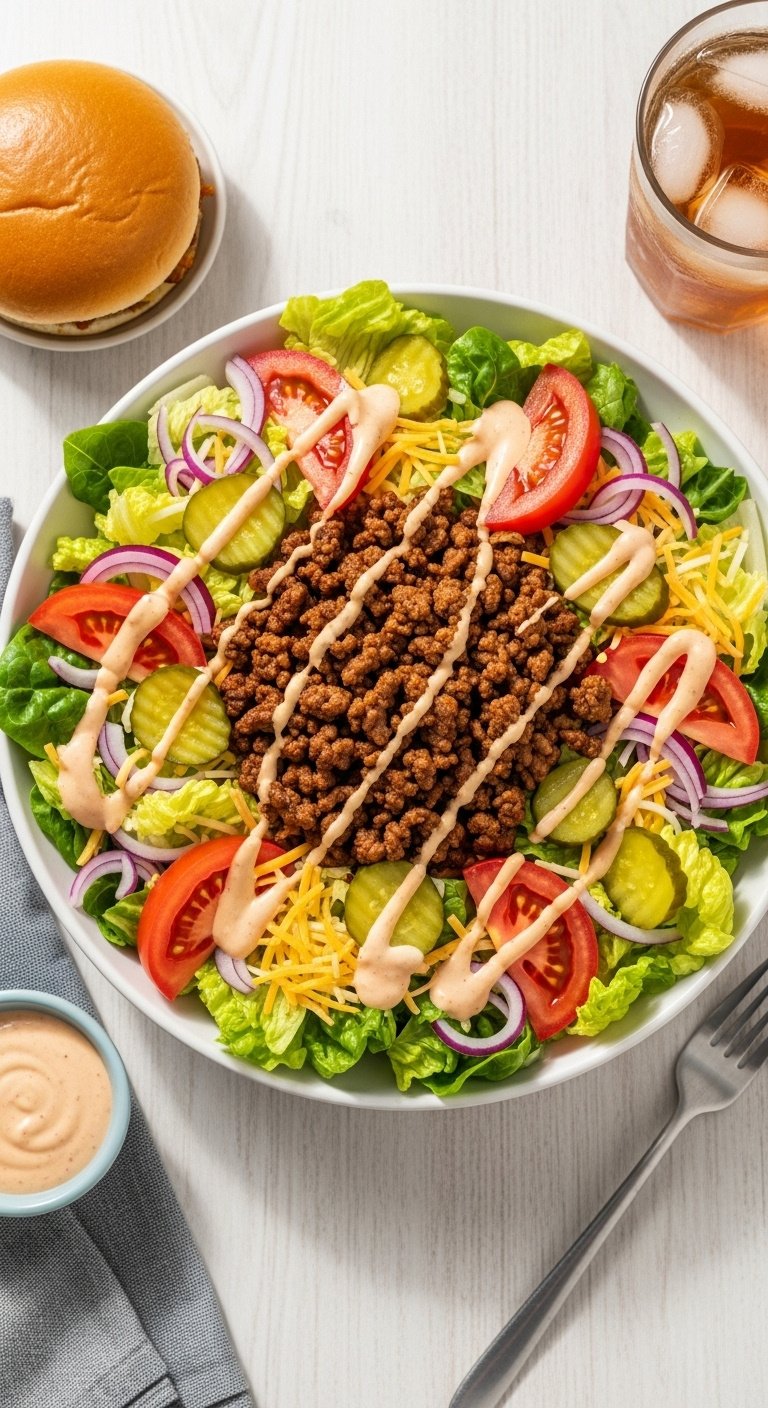 burger salad bowl with seasoned beef lettuce tomatoes pickles cheese and special sauce vertical portrait