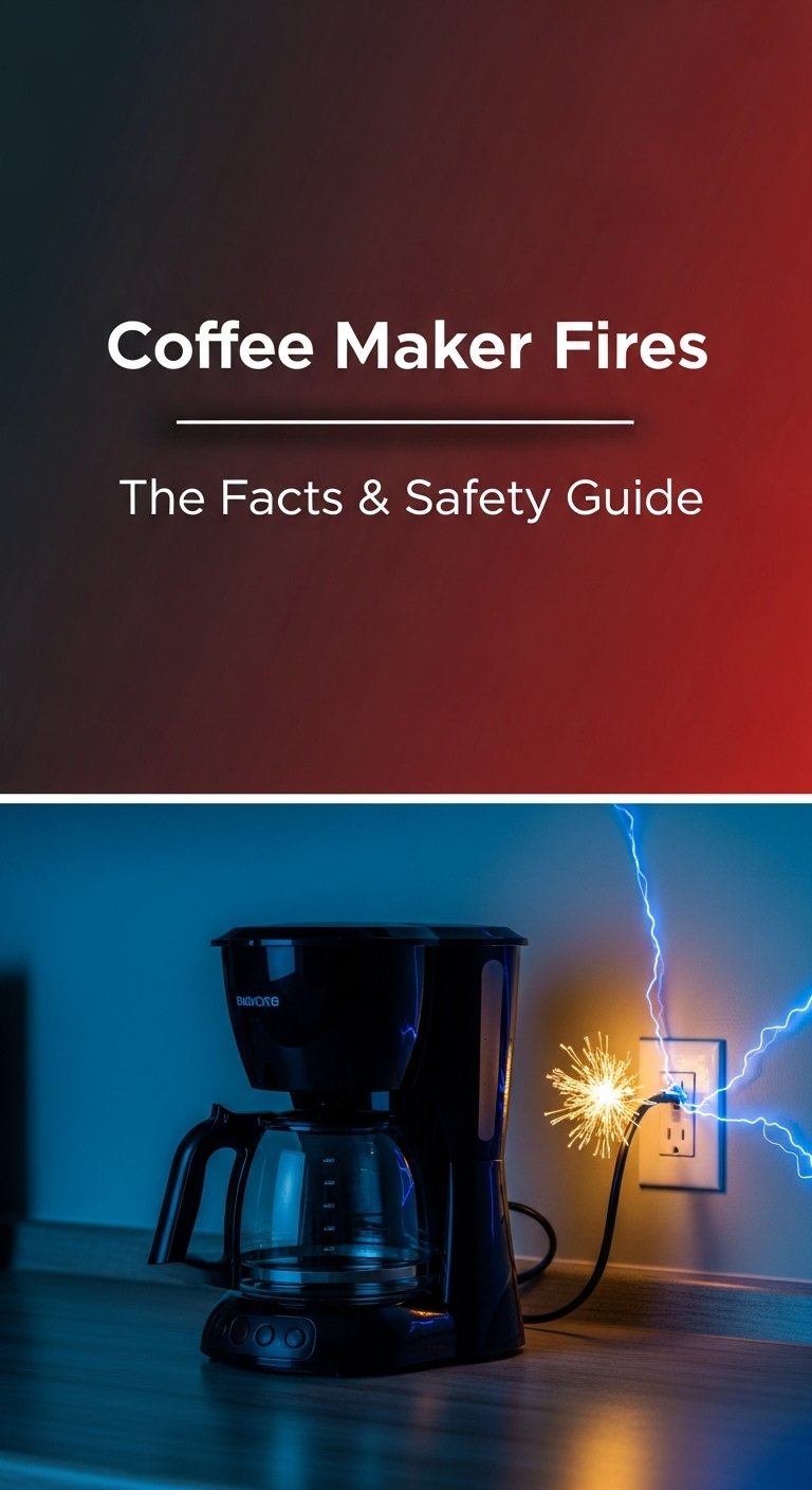 A coffee maker on a countertop next to an infographic about can coffee makers start fires and how to prevent them.