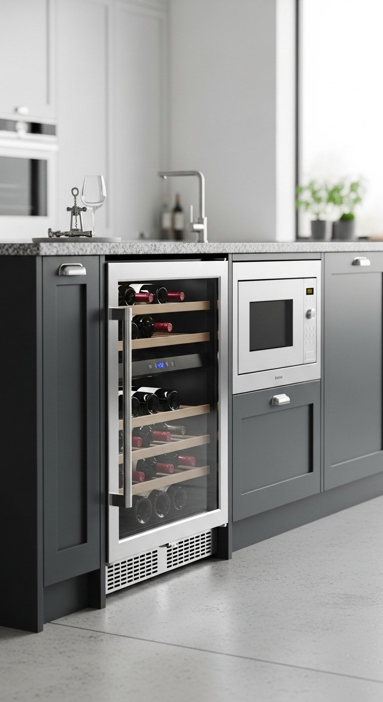charcoal grey kitchen island stainless steel wine fridge microwave drawer modern design granite countertop light concrete floor high resolution 8K