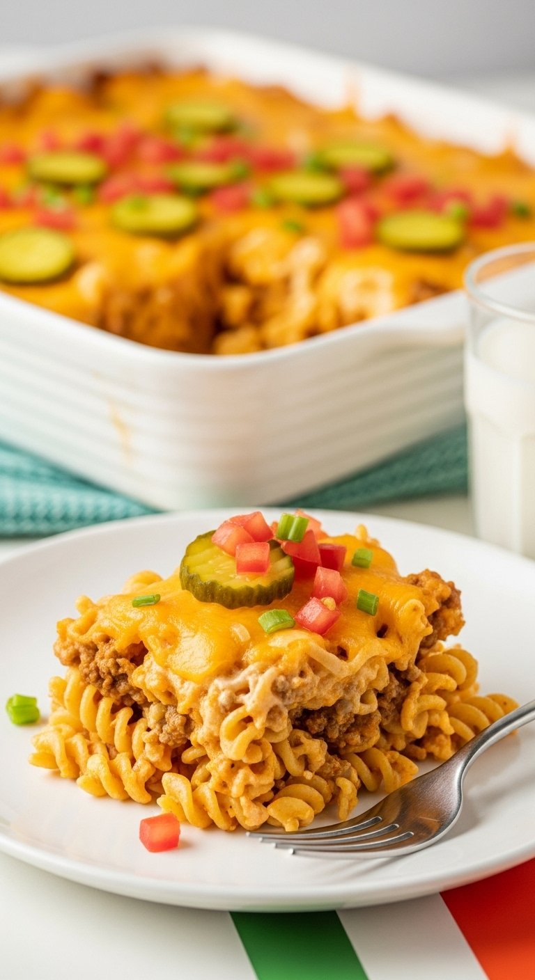 cheeseburger pasta casserole with ground beef cheese sauce diced tomatoes and pickles on white plate