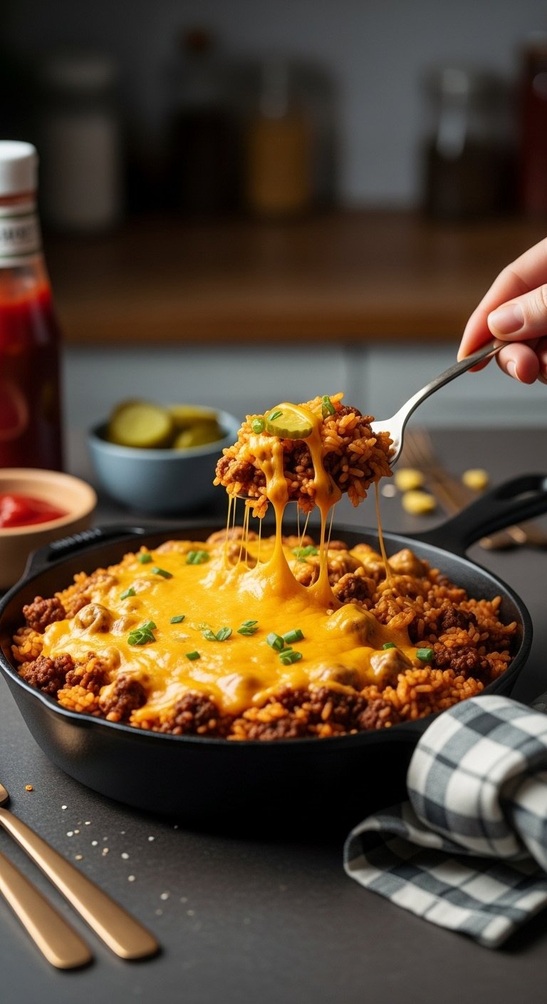cheeseburger-skillet-rice-melted-cheddar-pickles
