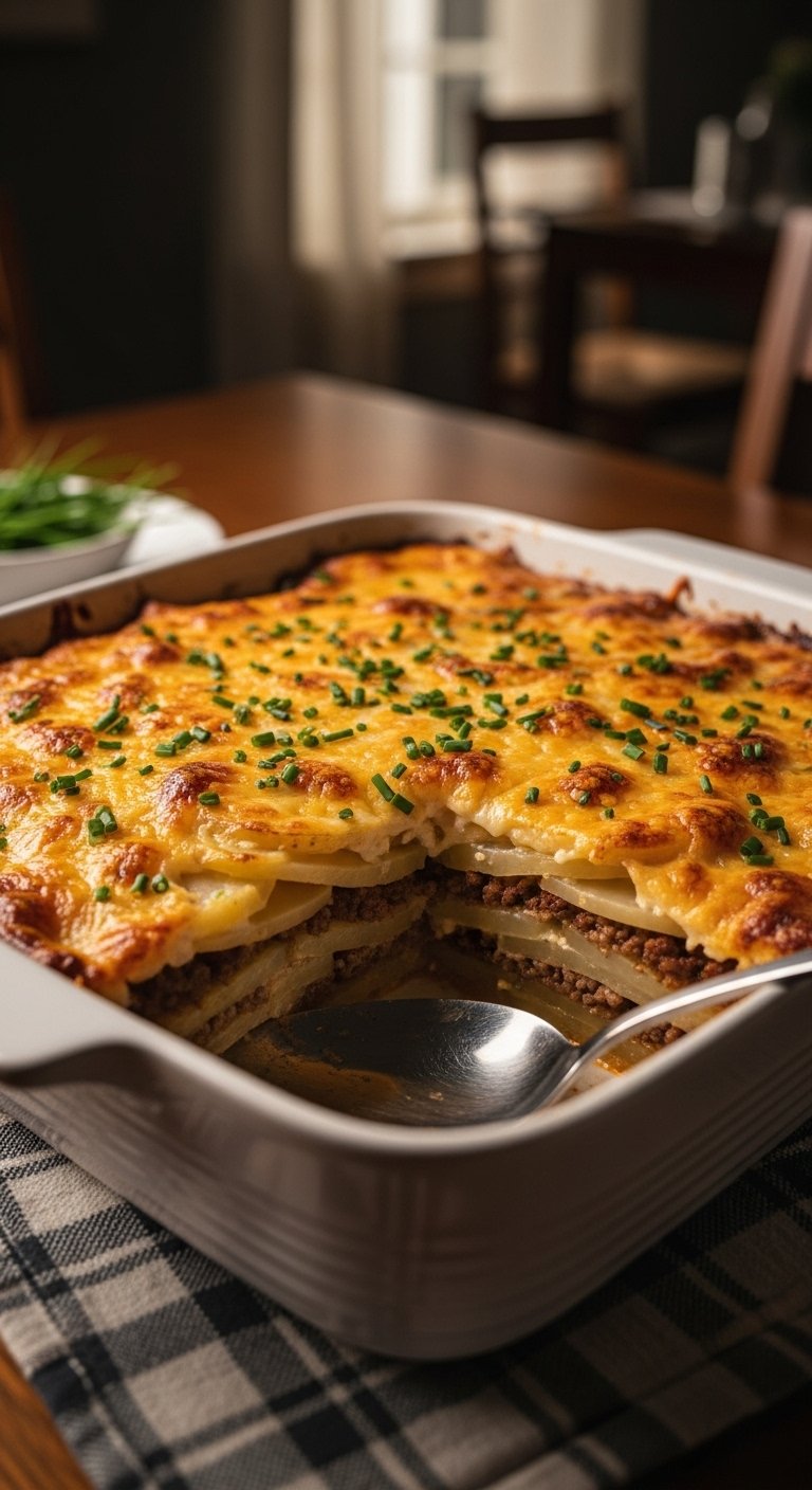 cheesy ground beef and potato casserole with creamy layers and browned cheese topping served on plaid kitchen towel with fresh chives and serving spoon