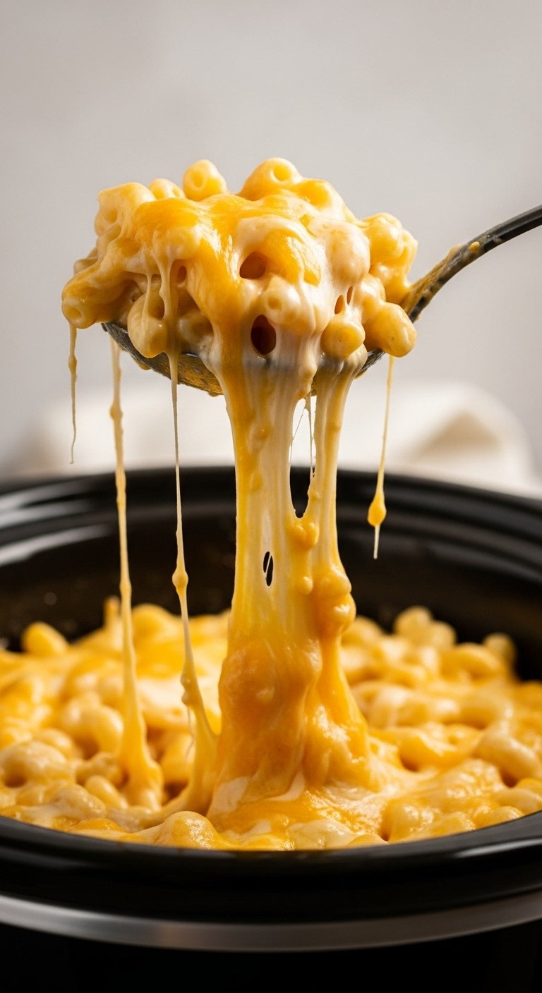 cheesy mac and cheese crock pot dinner gooey texture spoon pull comforting