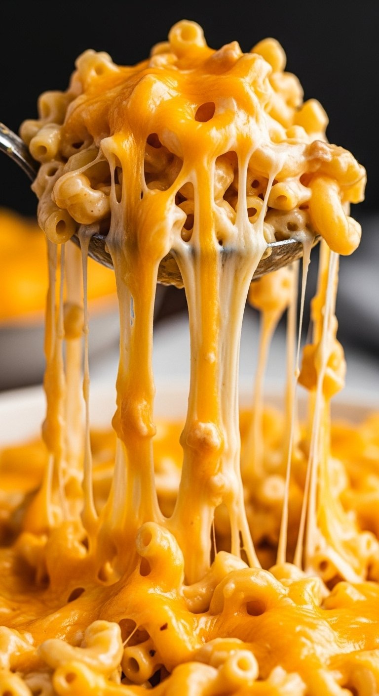 cheesy mac and cheese with a glorious cheese pull for easy crockpot dump and go dinner