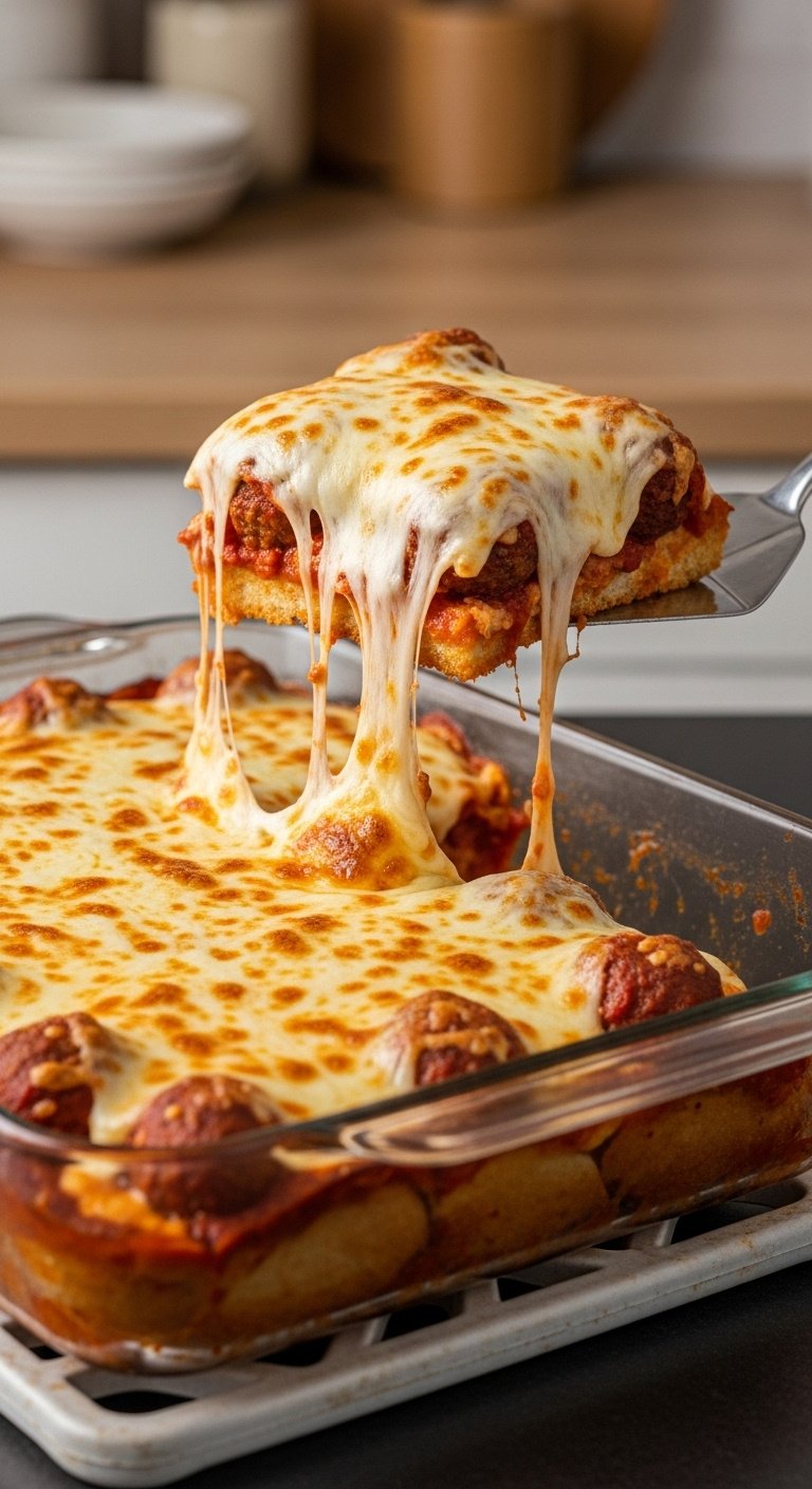 cheesy-meatball-sub-casserole-mozzarella-cheese-pull-baking-dish-marina-kitchen-counter