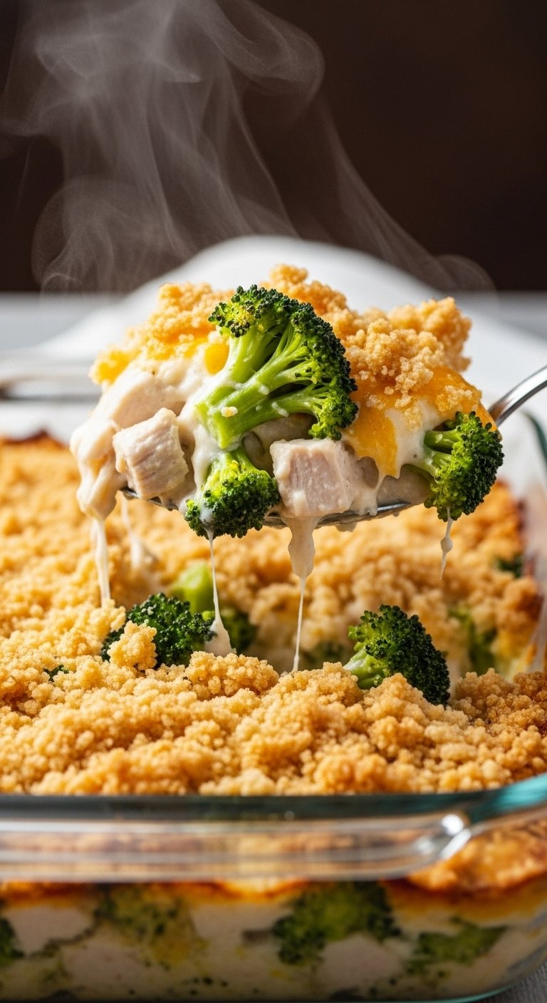 chicken-broccoli-cheddar-bake-serving-spoon-crispy-cracker-topping