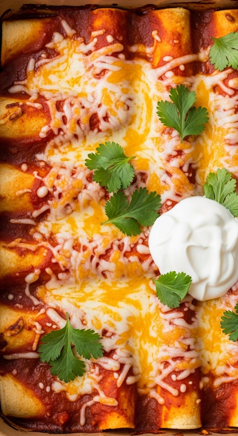chicken-enchiladas-baked-red-sauce-melted-cheese-cilantro-sour-cream