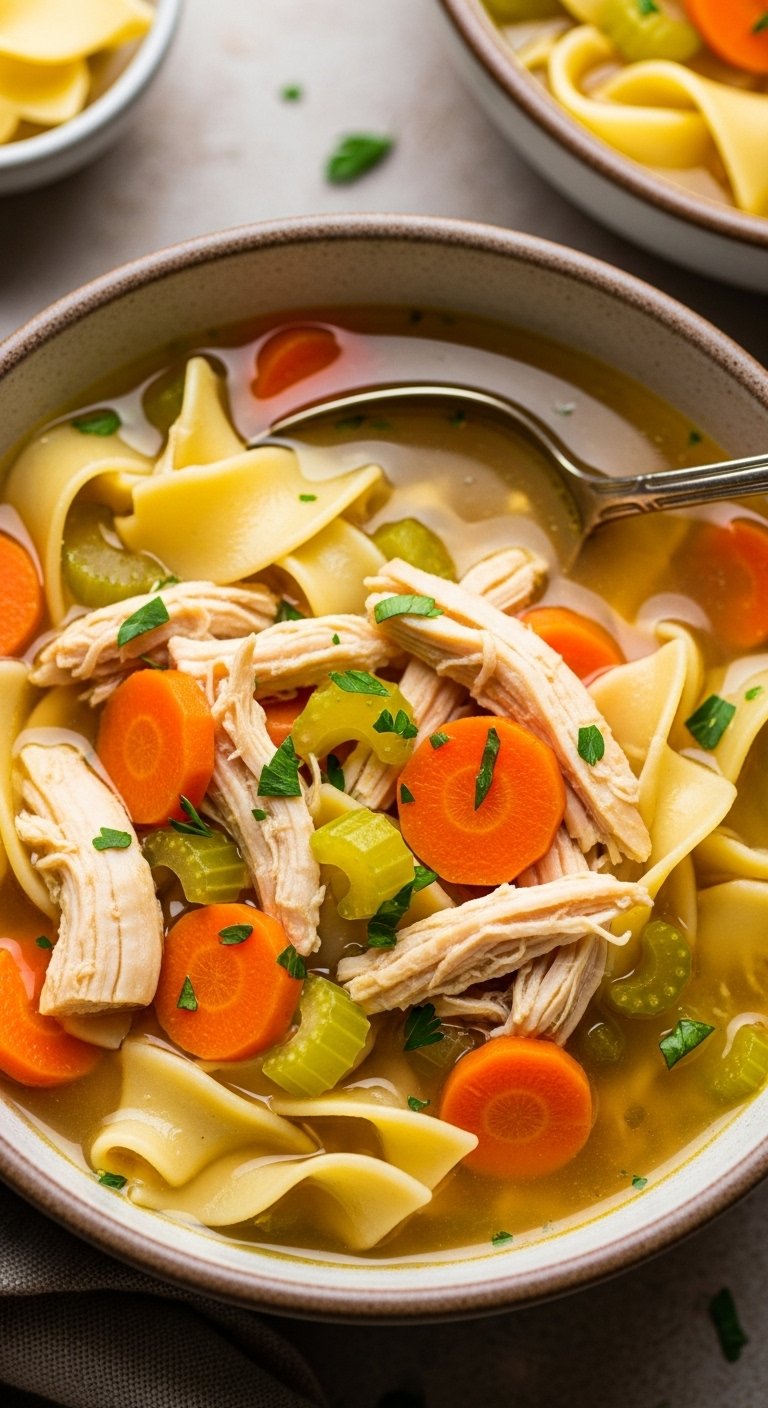 chicken-noodle-soup-rustic-bowl-shredded-chicken-carrots-celery-egg-noodles-parsley