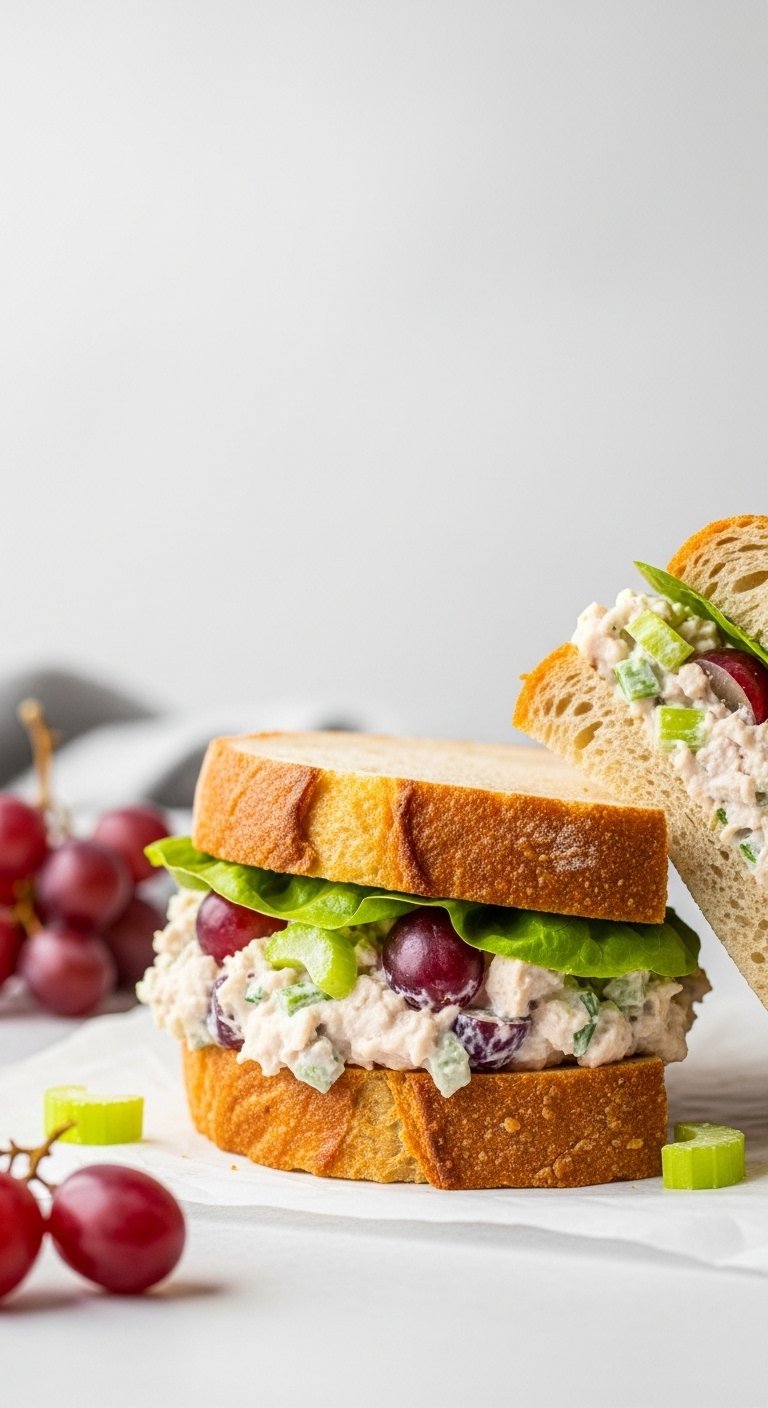 chicken-salad-sandwich-artisan-bread-celery-red-grapes-parchment