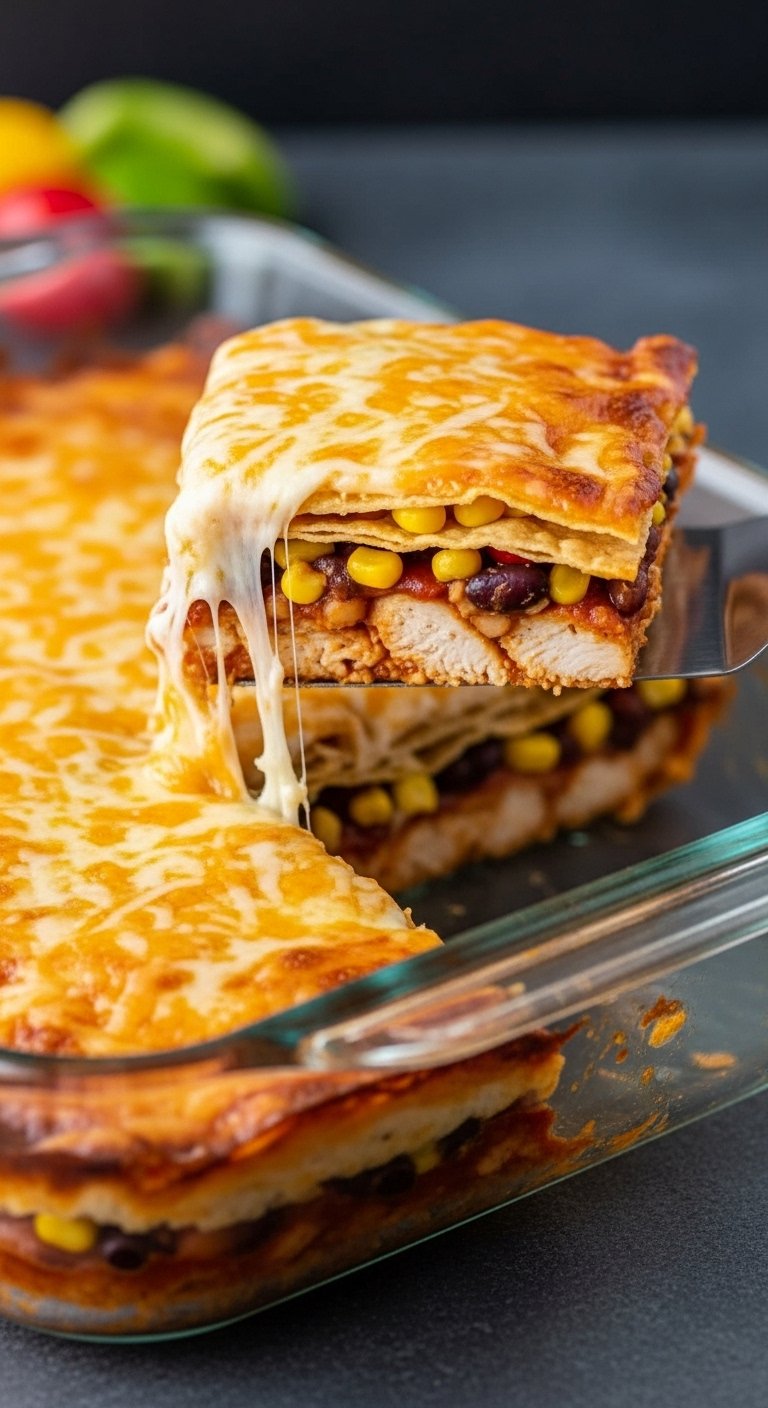 chicken-taco-casserole-layered-beans-corn-crunchy-tostada-melted-cheese