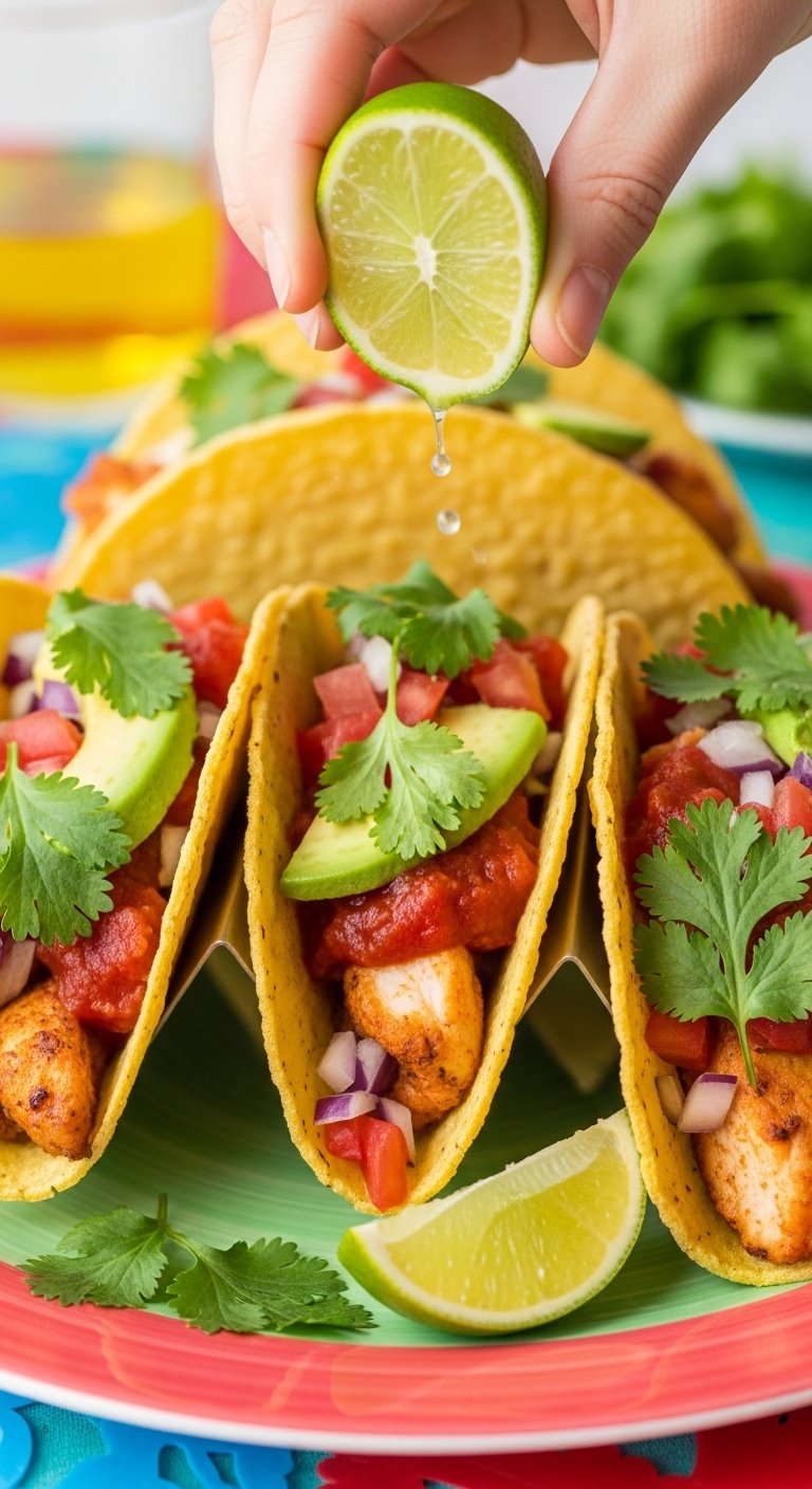 chicken-tacos-taco-holder-corn-tortillas-salsa-avocado-cilantro-lime-squeeze