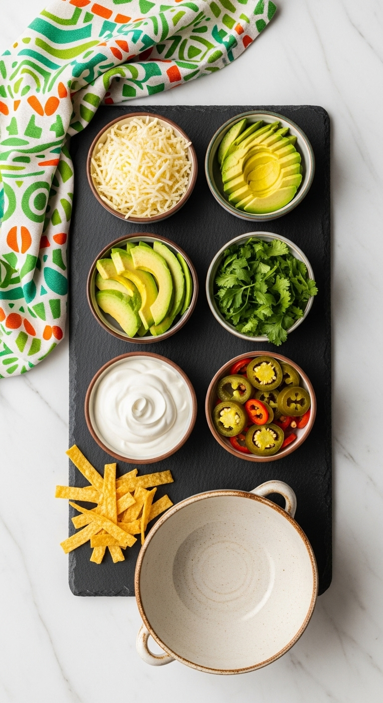 chili-toppings-bar-with-cheese-avocado-cilantro-sour-cream-jalapenos-and-tortilla-strips-on-slate-board