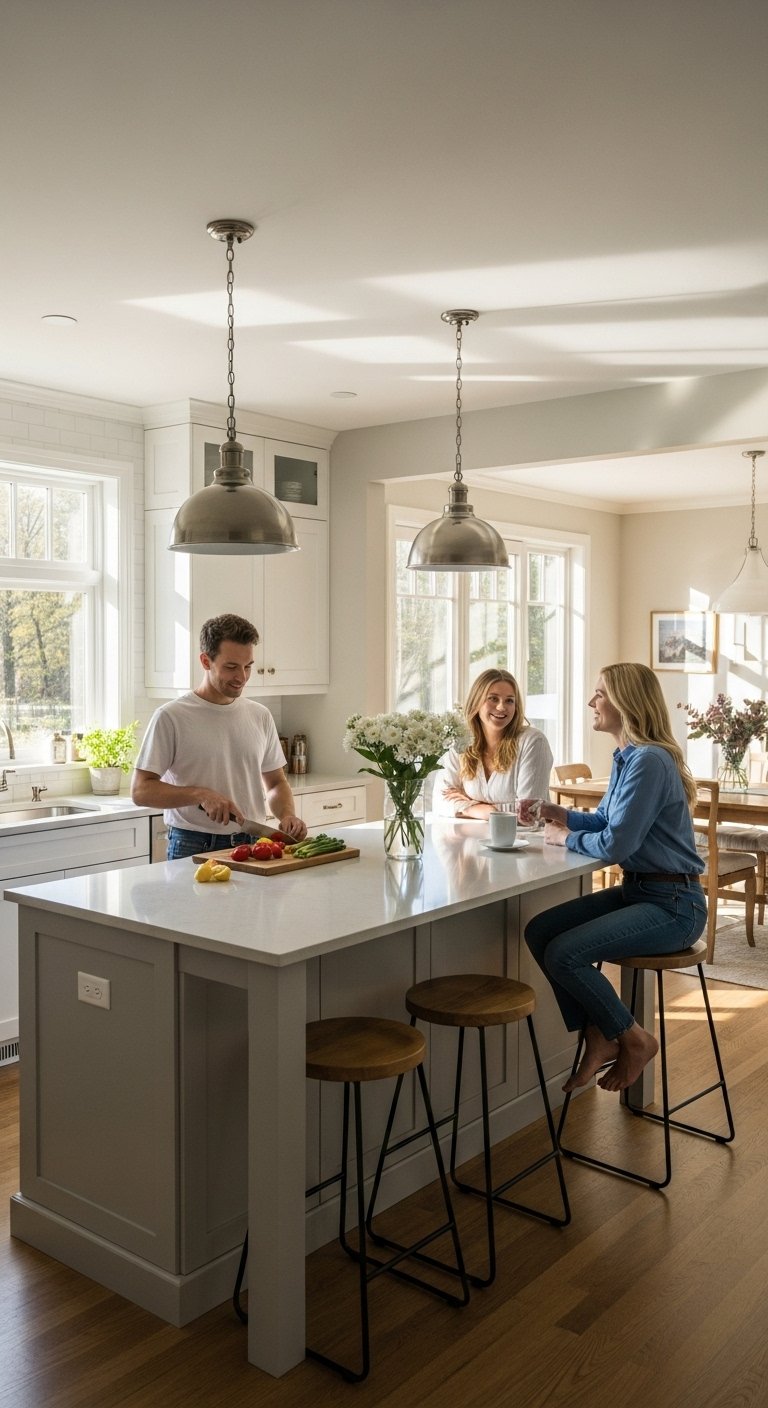 classic L-shaped kitchen with social island bright airy modern design open layout fresh vegetables coffee conversation