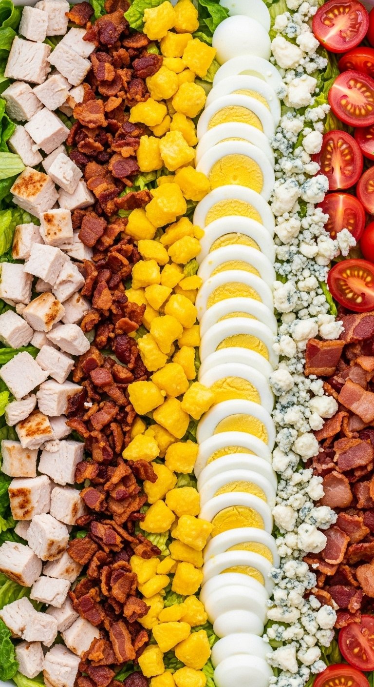 classic cobb salad with grilled chicken bacon egg tomato and blue cheese in large bowl