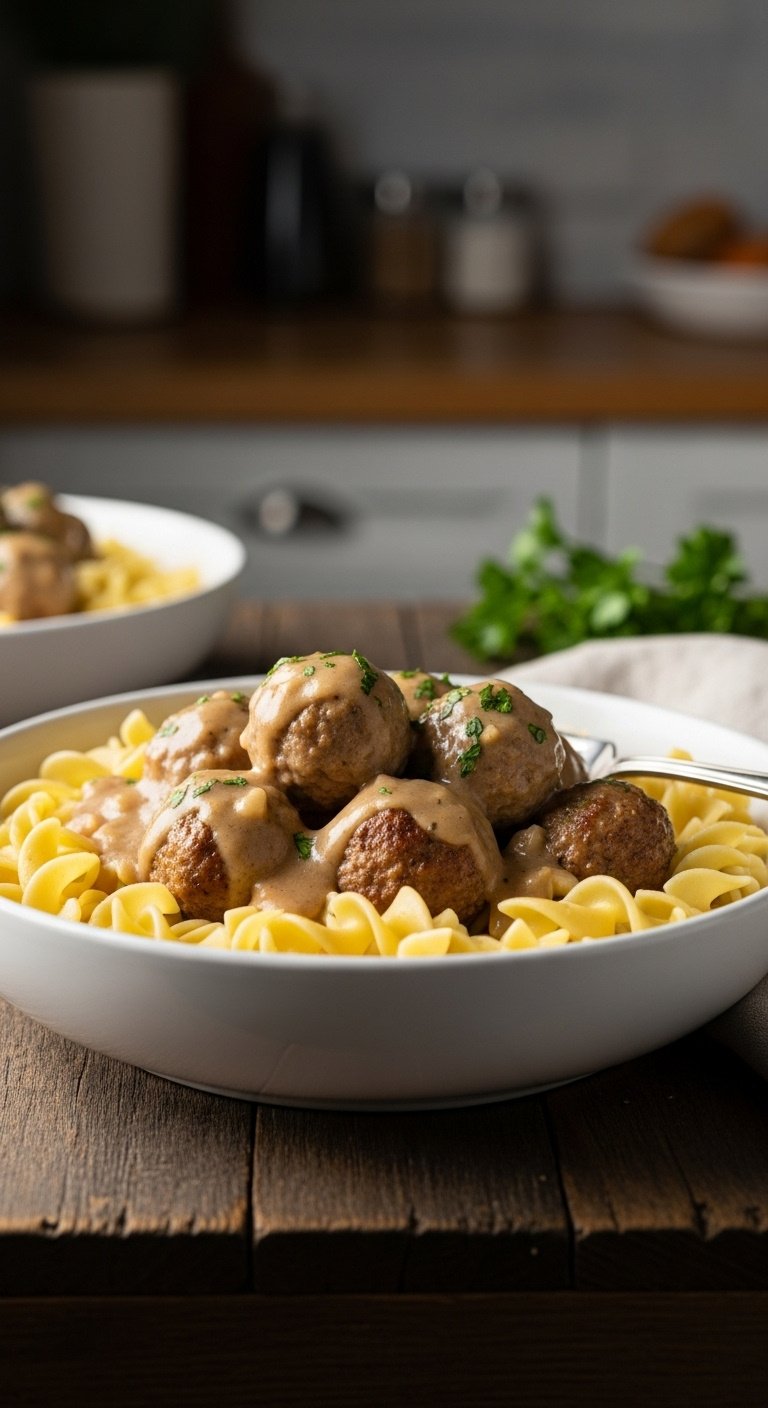classic-crockpot-swedish-meatballs-over-egg-noodles-with-gravy-and-parsley