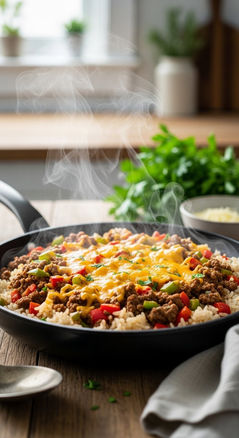 classic-one-pan-ground-beef-rice-skillet-melted-cheese-rustic-wood-table