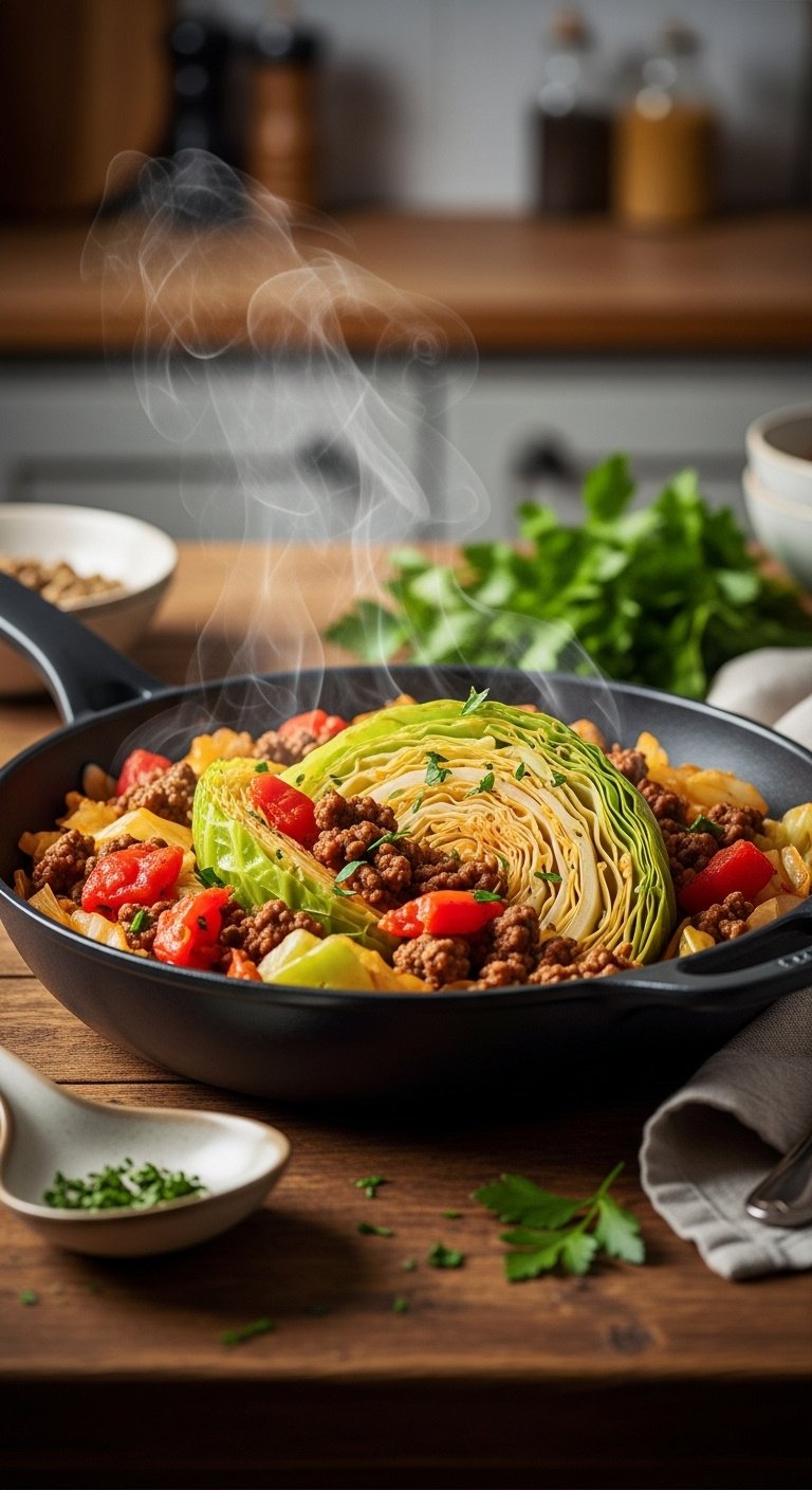 classic one pan skillet cabbage ground beef savory rustic vertical portrait