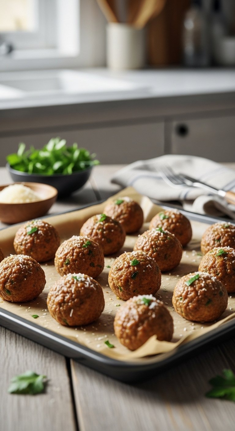 classic-oven-baked-master-meatballs-golden-brown-parchment-baking-sheet-crumbled-parmesan-wood-table