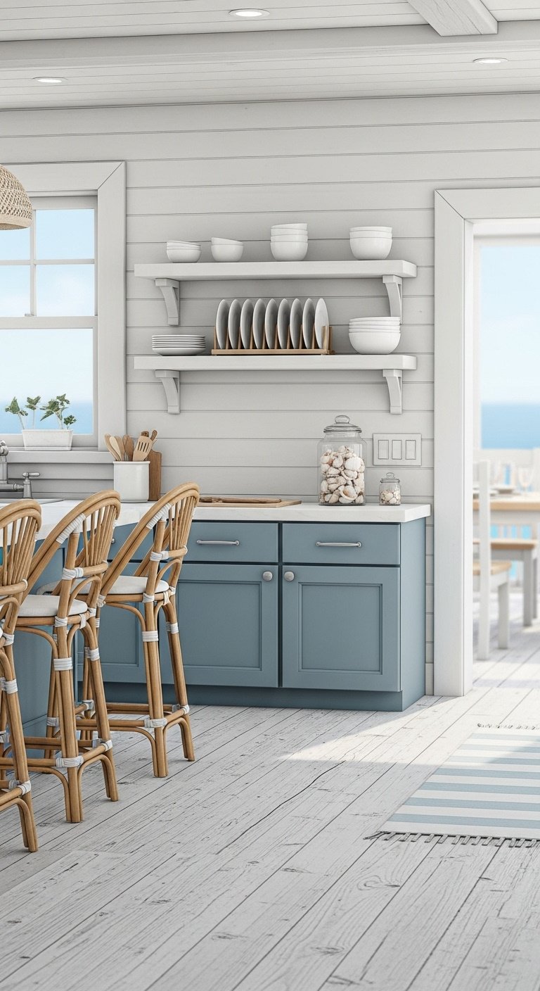 coastal cottage kitchen bloxburg dusty blue cabinets beadboard walls open shelving seashell jar rattan barstools ocean view high resolution 8K breezy design