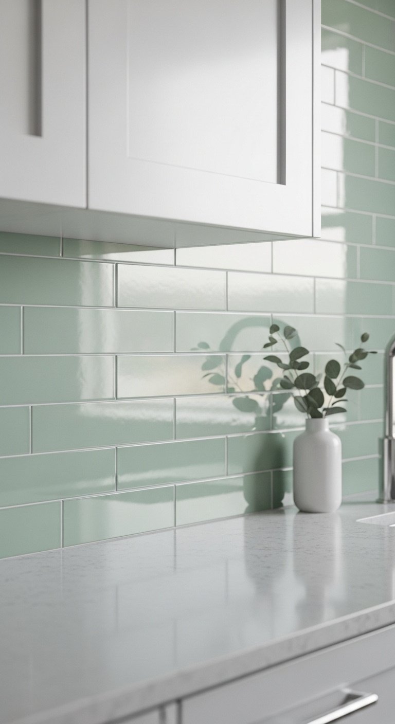 coastal kitchen backsplash seafoam green subway tiles light gray quartz countertop eucalyptus vase chrome faucet high resolution 8K