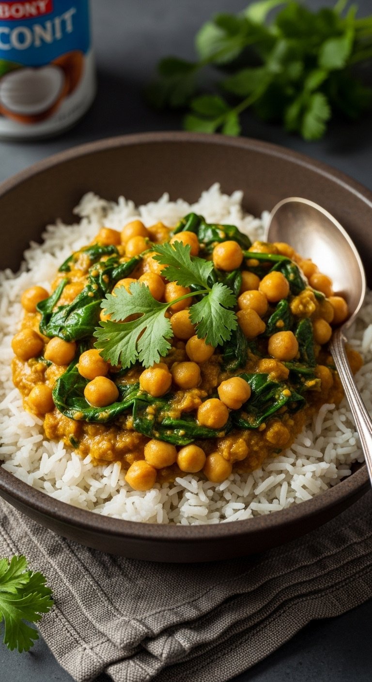 coconut curry chickpea bowl with basmati rice spinach cilantro and vintage spoon vertical portrait