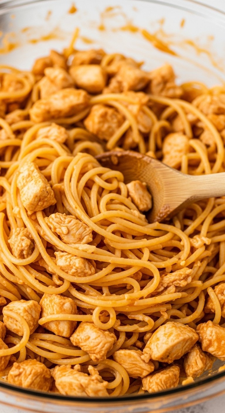combine-pasta-chicken-cheese-spaghetti-mixture-wooden-spoon-bowl