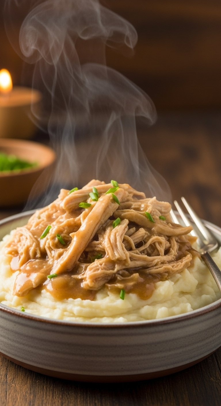 comforting crockpot chicken gravy mashed potatoes chive garnish