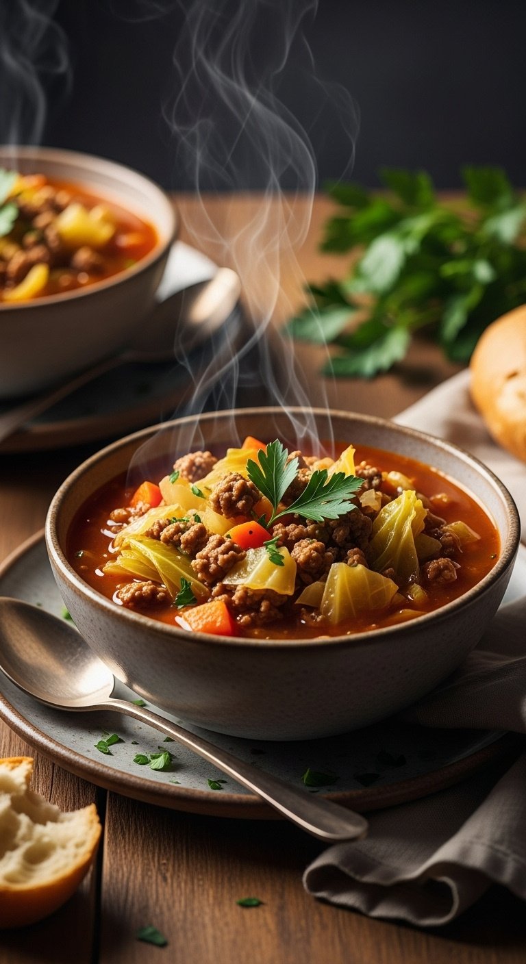 comforting ground beef and cabbage soup rustic bowl vertical portrait