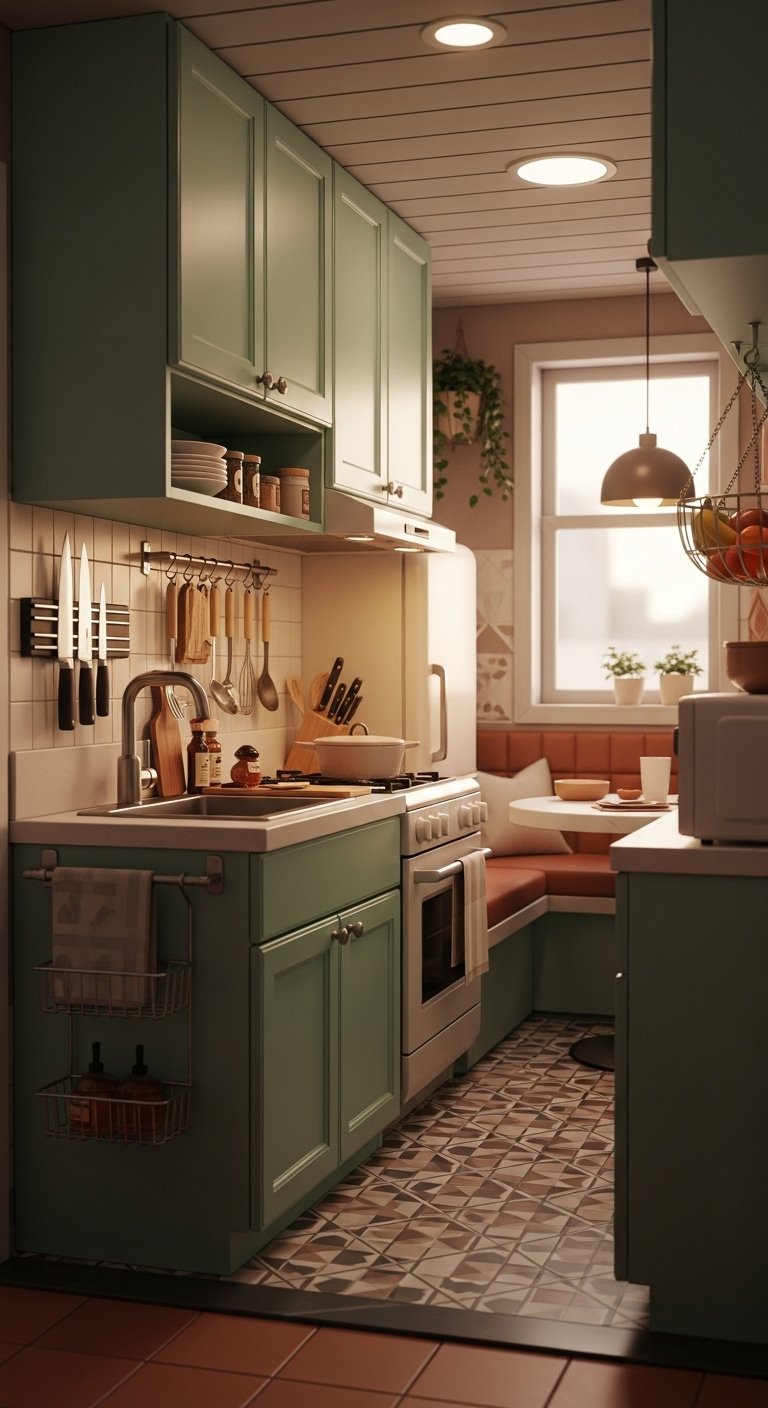 compact small kitchen bloxburg sage green cabinets ceiling storage utensil racks patterned tile floor hanging fruit baskets high resolution 8K cozy design