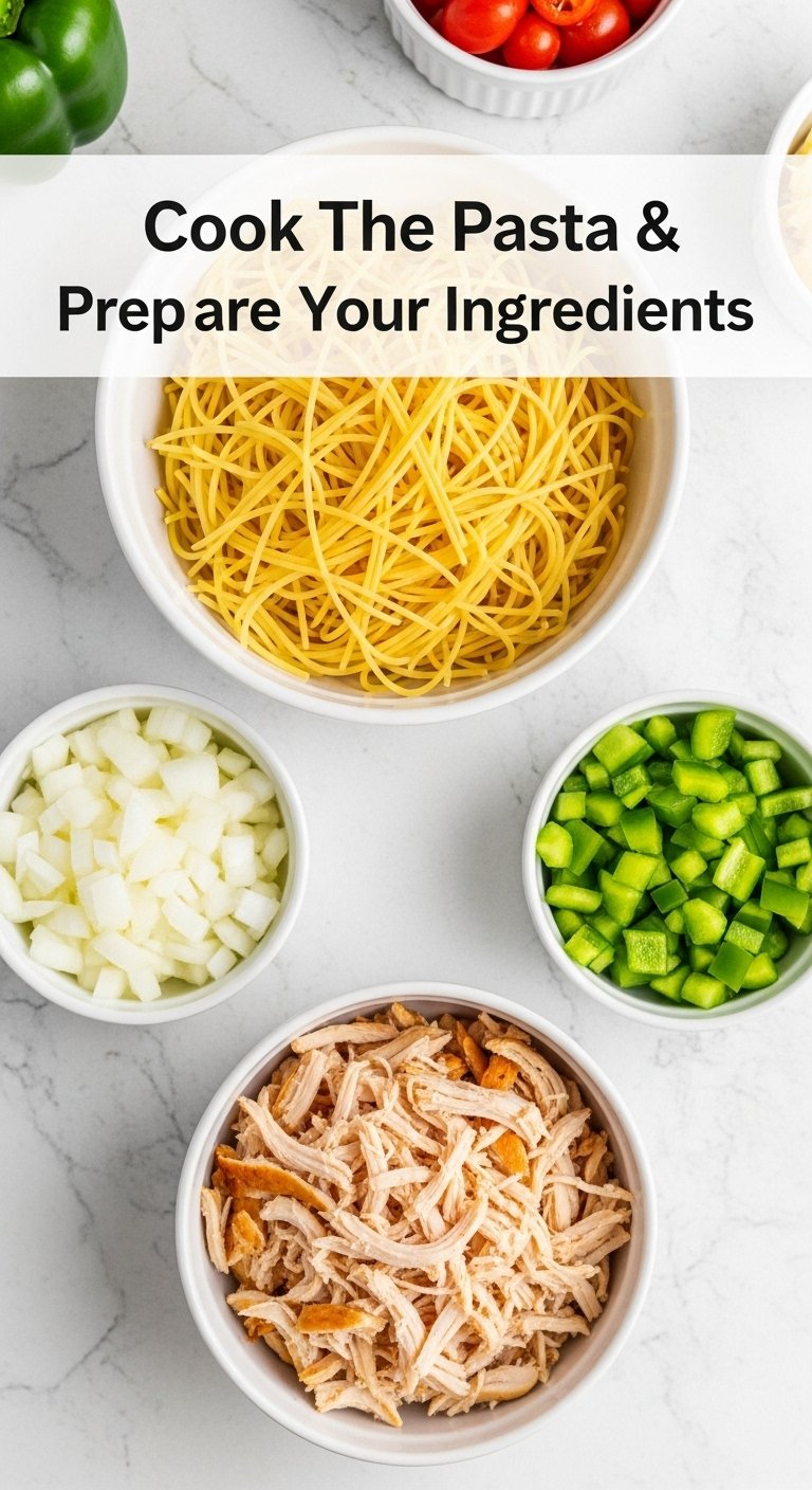 cook-pasta-prepare-ingredients-spaghetti-chicken-bell-pepper-onion-prep-bowls