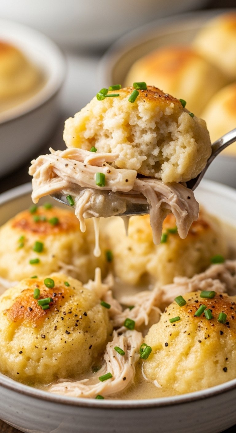 cozy chicken and dumplings with creamy gravy and fresh chives