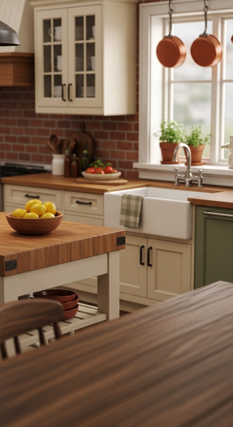 cozy rustic farmhouse kitchen bloxburg cream shaker cabinets butcher block island apron-front sink hanging copper pots high resolution 8K warm earthy tones