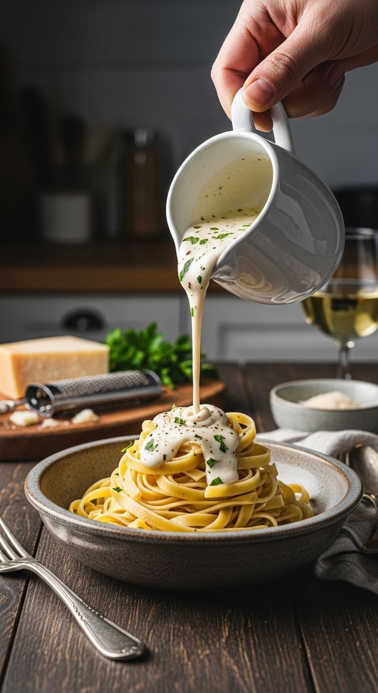 creamy alfredo sauce being poured over fettuccine pasta in rustic stoneware bowl with black pepper and parsley on dark wood table