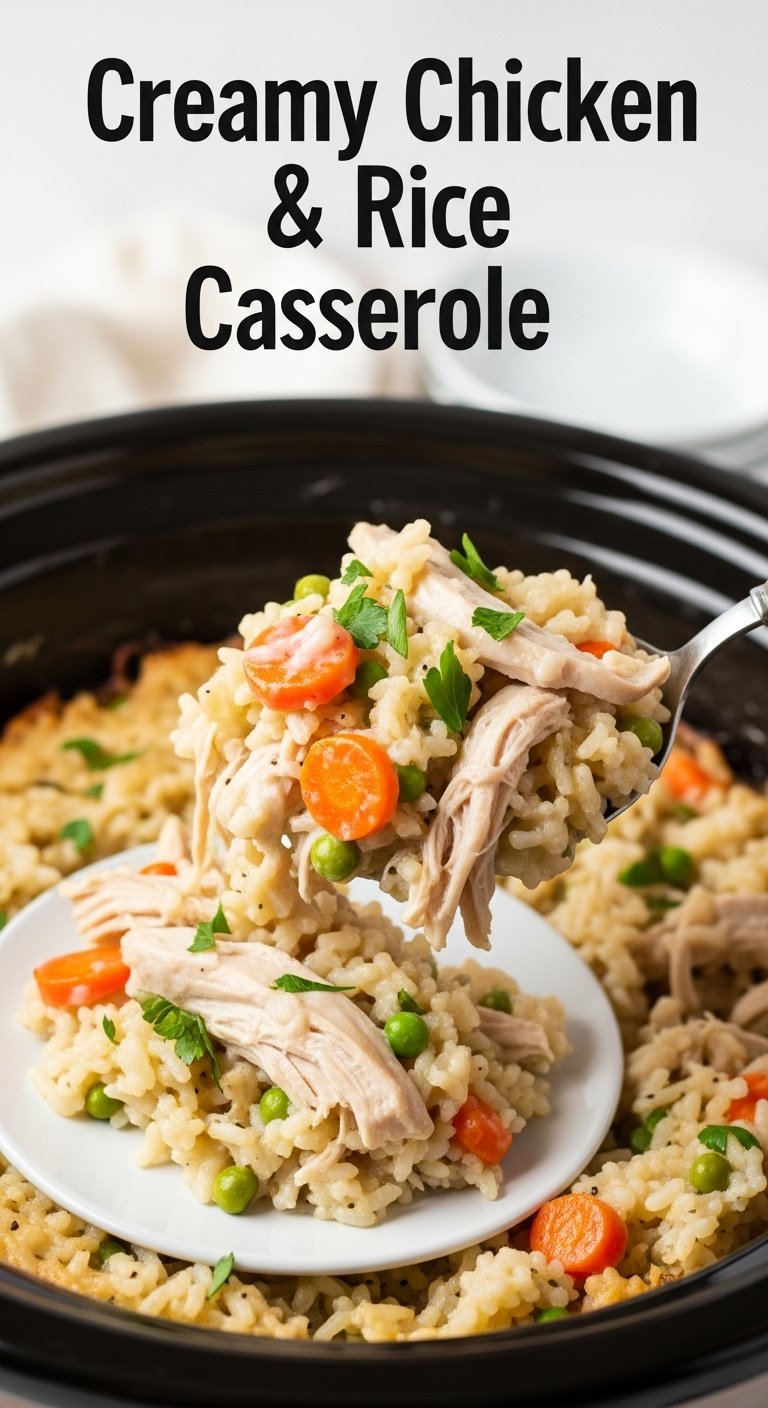 creamy chicken and rice casserole with carrots peas and parsley