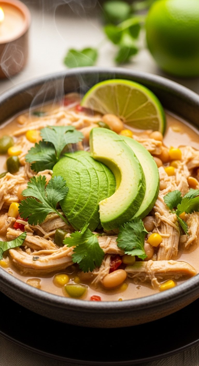 creamy-chicken-chili-ceramic-bowl-shredded-chicken-beans-corn-avocado-cilantro