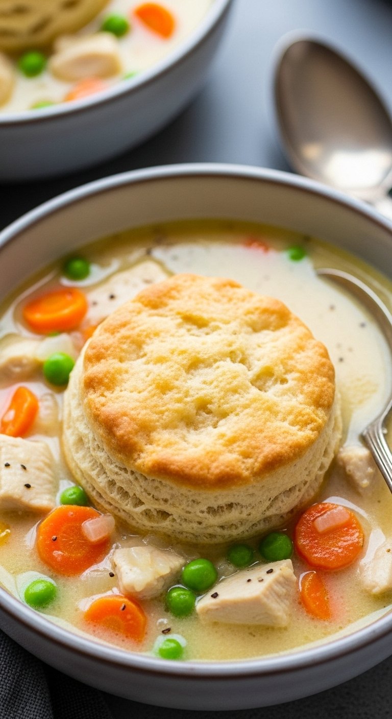 creamy chicken pot pie soup with flaky biscuit and vegetables in rustic bowl for easy crockpot dump and go dinner